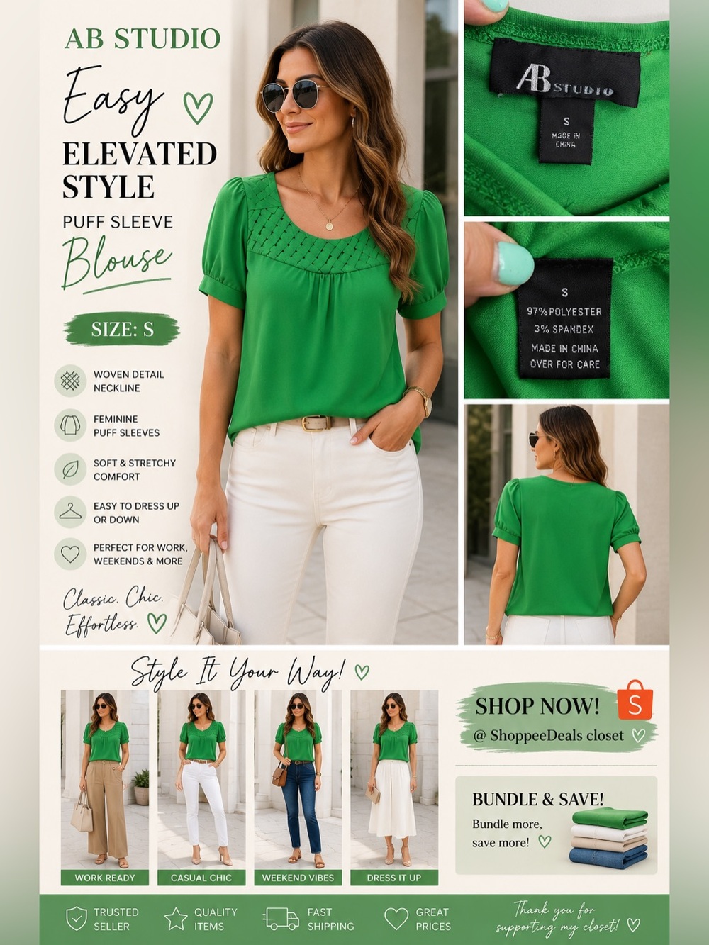 AB Studio Green Puff Sleeve Blouse - Size Small